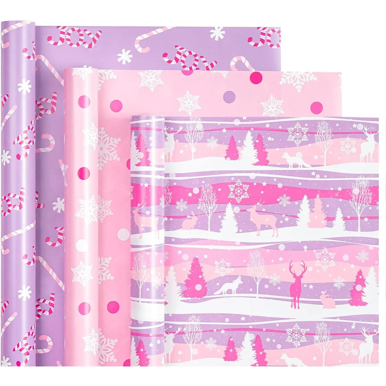 Christmas Wrapping Paper Roll - Mini Roll - 3 Rolls - 17 Inch X 120 Inch Per Roll - Pastel  and Purple Reindeer, Candy Cane with JOY, Snowflake Holiday Collection
