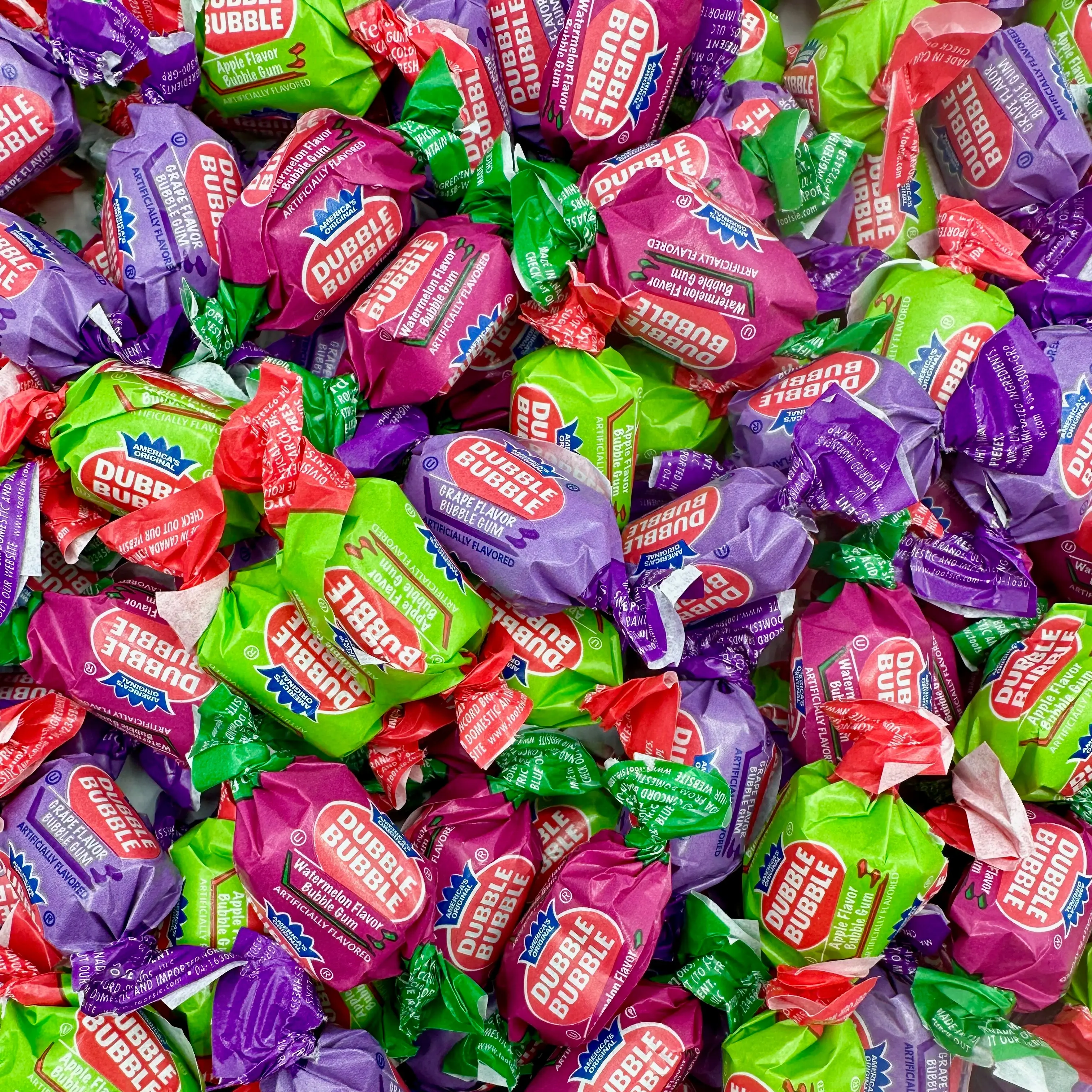 Dubble Bubble Assorted Fruit Flavor Chewy Soft Gum - 1 lb Bulk Bag, 3 Individually Wrapped Flavors (Grape, Watermelon, Apple) - Corn Starch Snack for Goody Bags