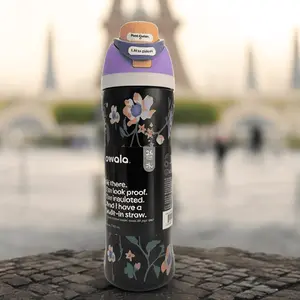 Owala 32oz Water Bottle, Insulated Design, Black With Floral Patterns, Unique Purple-Orange Lid, Built-In Straw, Long-Lasting Temperature Retention.