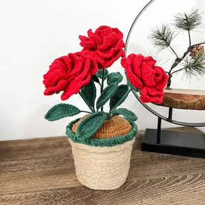 Hand-Knitted Crochet Rose Flower Potted Plant, Desktop Ornament, Home & Party Gift Decoration