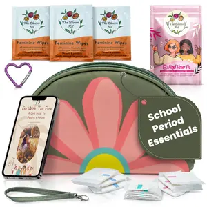 THE BLOOM First Period Kit for Girls 9–12 | Cute Sanitary Napkin Storage Bag Gifts for Girls, Tween Period Starter Kit with Pads & Wipes, Portable Waterproof Emergency Pouch for School or Travel (Green) | 16-PC
