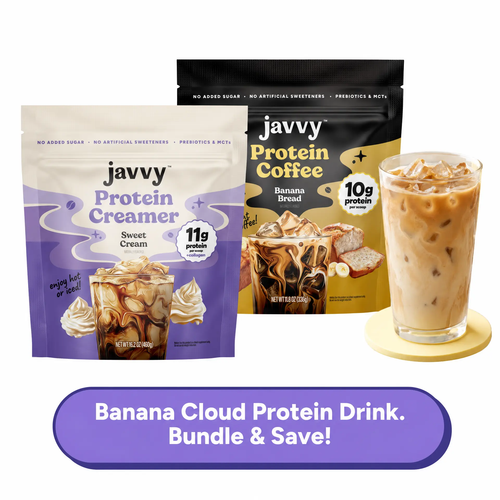 Javvy Banana Cloud Protein Latte TikTok Exclusive Bundle Banana Bread Protein Coffee and Sweet Cream Collagen Protein Creamer Premium Whey Protein Instant Mix, 100% Natural, No Artificial Flavors & Sweeteners, No Added Sugar, 80 mg Caffeine Per Serving