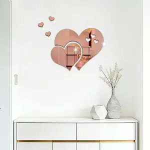 5pcs， Rose gold heart-shaped acrylic mirror wall sticker, creative background wall decoration, self-adhesive and removable, suitable for home decoration, simple mirror wall sticker, fashionable decoration gift, Wall Decal