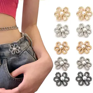 Flower Jeans Button 10 Sets Pant Waist Tightener, Adjustable Waist Buckle Sets No Sew and No Tools Detachable Decorative Waist Buckles, Jean Buttons Pins for Loose Jeans, Pants, Skirts