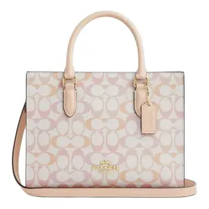 COACH Maggie 24 Classic Monogram Canvas Tote Bag for Women, Crossbody and Handheld, Pink Yellow