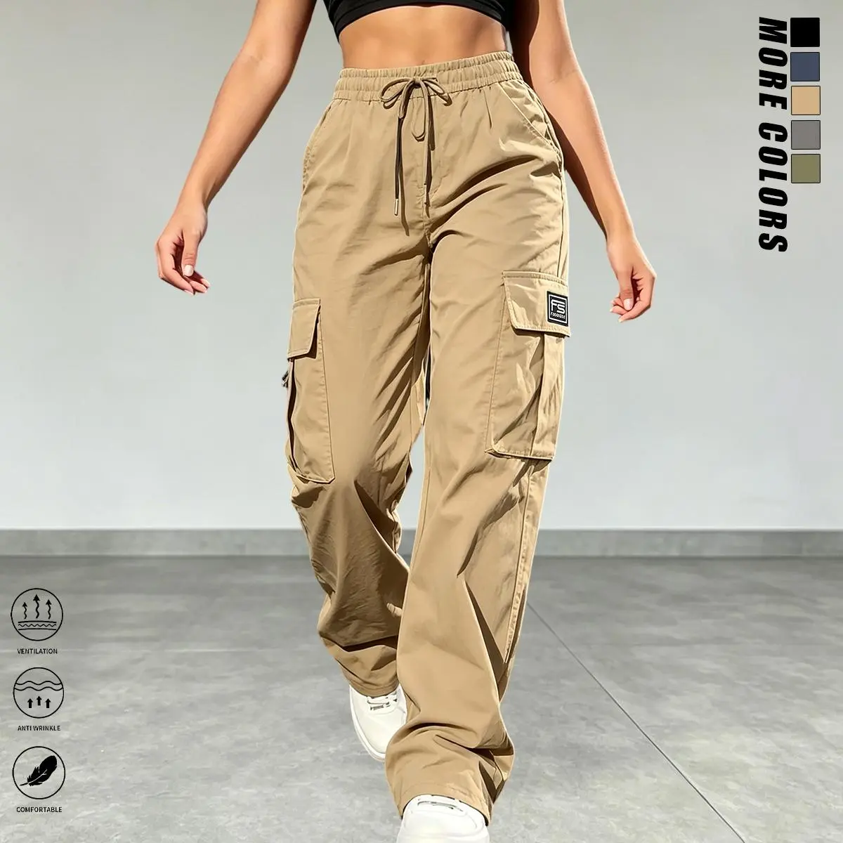 Women’s cargo pants: casual, elastic waist, Bohemian minimalist basic women’s trousers with pockets; suitable for summer outfits, vacations, and beachwear; sporty casual style; comfortable loose fit; casual drawstring high-waist pants; loose and comfortab