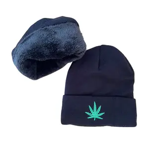 Pack of 2PCS Embroidery Weed Design Marijuana Leafs Foldable Fleece Lined Knit Hats Beanie for Cold Winter-One Size
