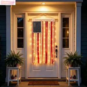 Lighted American Rag Flag Banner With LED Fairy Lights, 4x2.3 Ft Rustic Patriotic Tassel Garland For 4th Of July Decoration, Aesthetic Americana Wall Hanging For Porch Yard Party, Independence Day Celebration Home Decor 250th Anniversary