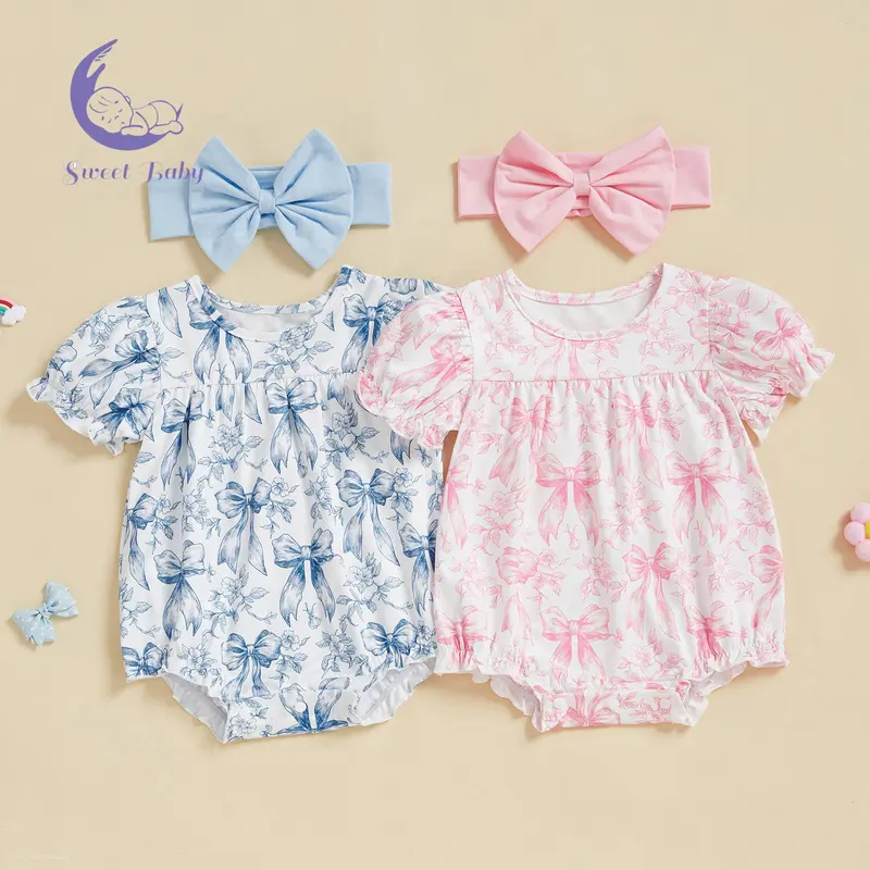 Baby Girls Cotton Bow Print Ruffle Sleeve Polyester Bodysuit & Matching Bow Headband 2-Pcs Matching Set, Casual Cute 6-12 Months Summer Baby Girls Clothing (Length 37cm)