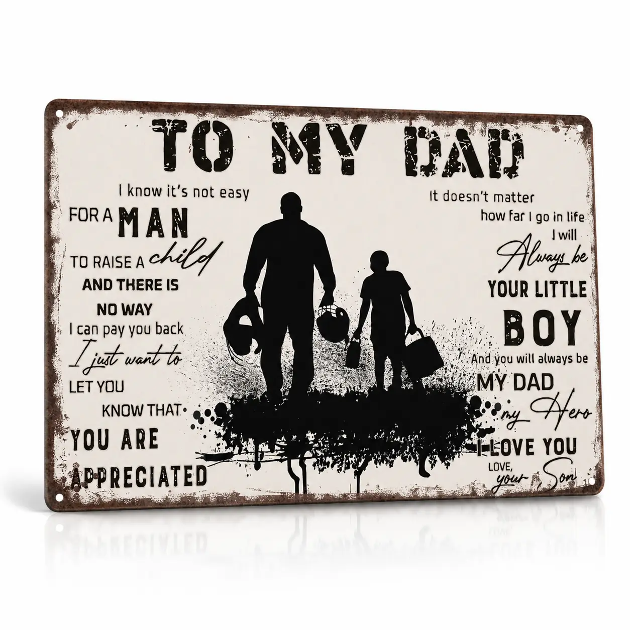 8x12 in Rectangle Aluminium Dad Tin Sign - Sentimental and Meaningful Son's Home Decor Plaque, Artistic Metal Poster with Football-Baseball Helmet Silhouette, Father's Day Gift with Always Be Your Little Boy Message, Garage Decor