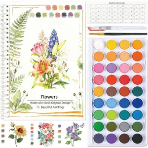 Watercolor Workbook,36 Colors Water Coloring Book, Watercolor Paint Set Portable with 2 Paint Brush,15 Beautiful Paintings for Beginners
