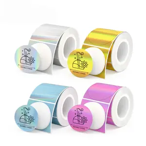 Holographic Round Transparent Thermal Self-Adhesive Labels (50x50mm), 4 Rolls (Gold, Silver, Purple, Blue), Compatible with M110-M102-P1-P2 Label Printers, Ideal for Office & School Supplies