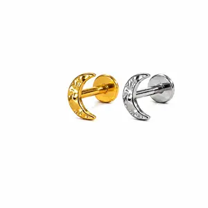 non tarnish jewelry,Piercing Jewelry,  Titanium Moon Hammer Finish Flat Back Earring, Celestial Labret Studs, Cartilage Nose Tragus Conch Helix Stud, gold plated nose piercing studs, stud earrings, Women earring, non tarnish jewelry  