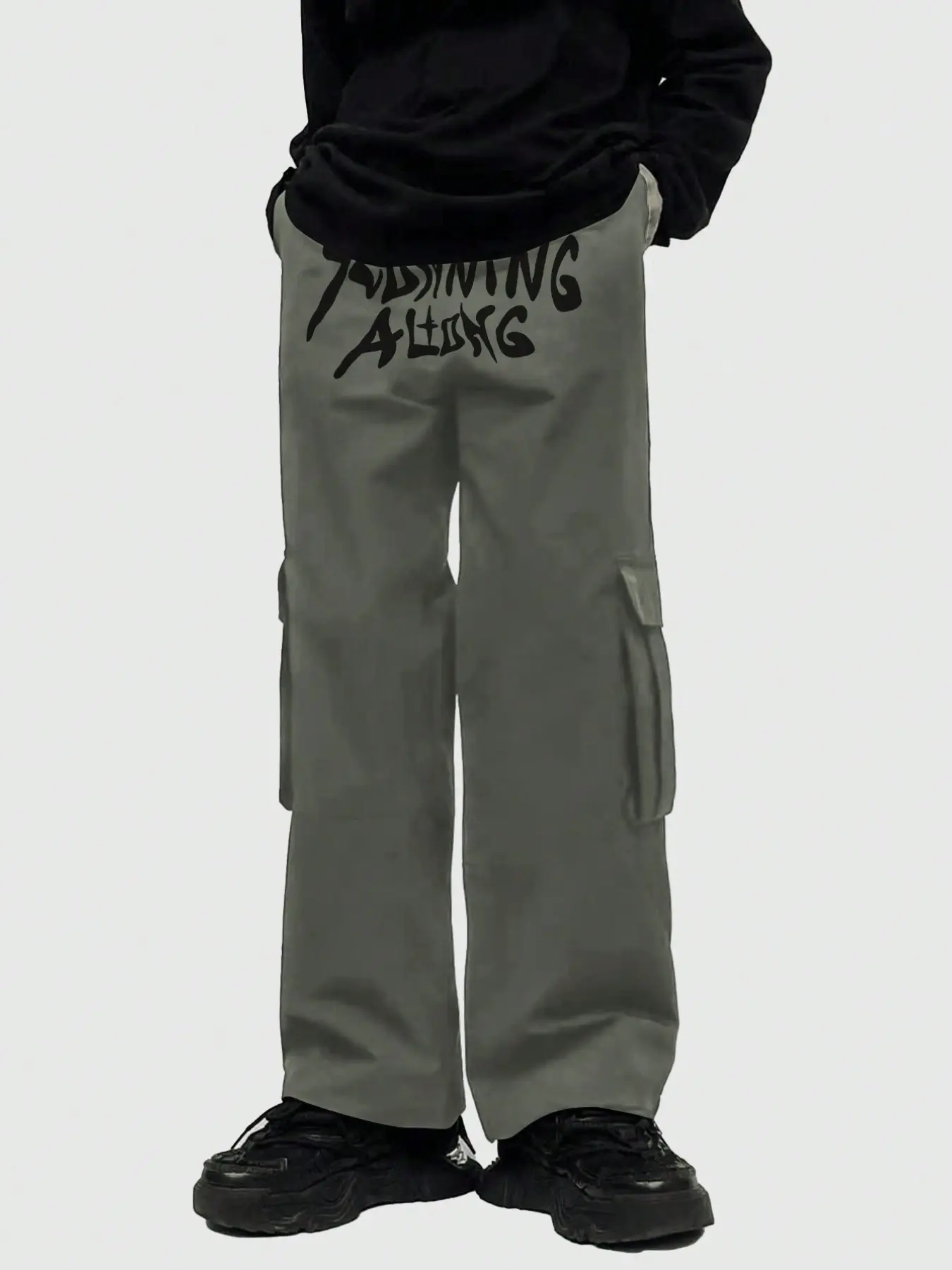 Mens black american high street cargo pants pink graffiti style just sing alike letter print with side three dimensional big pockets design retro y2k streetwear loose wide leg fit durable breathable trendy casual cargo trousers