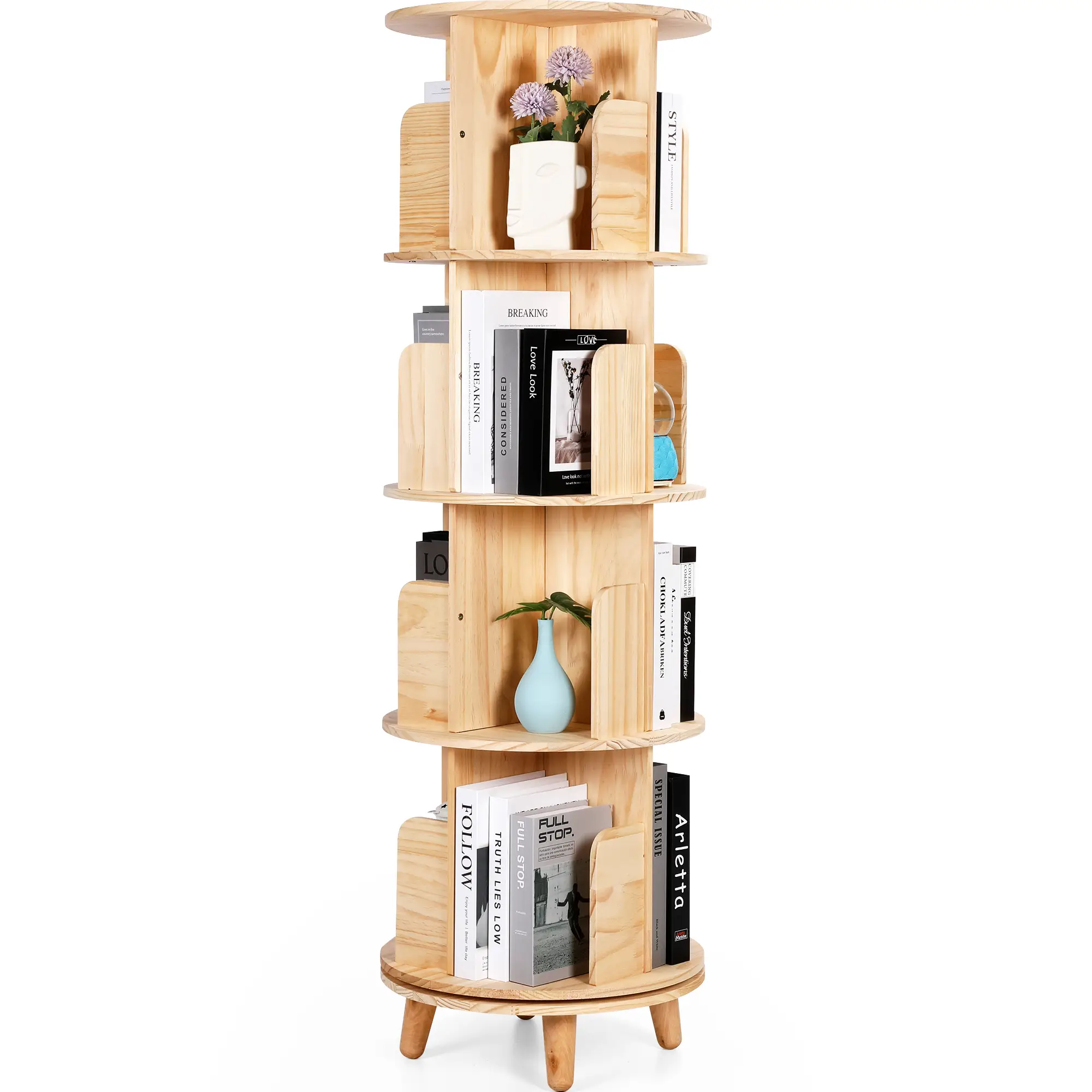 4-Tier 360° Rotating Wooden Bookshelf, Modern Open Cylinder Design