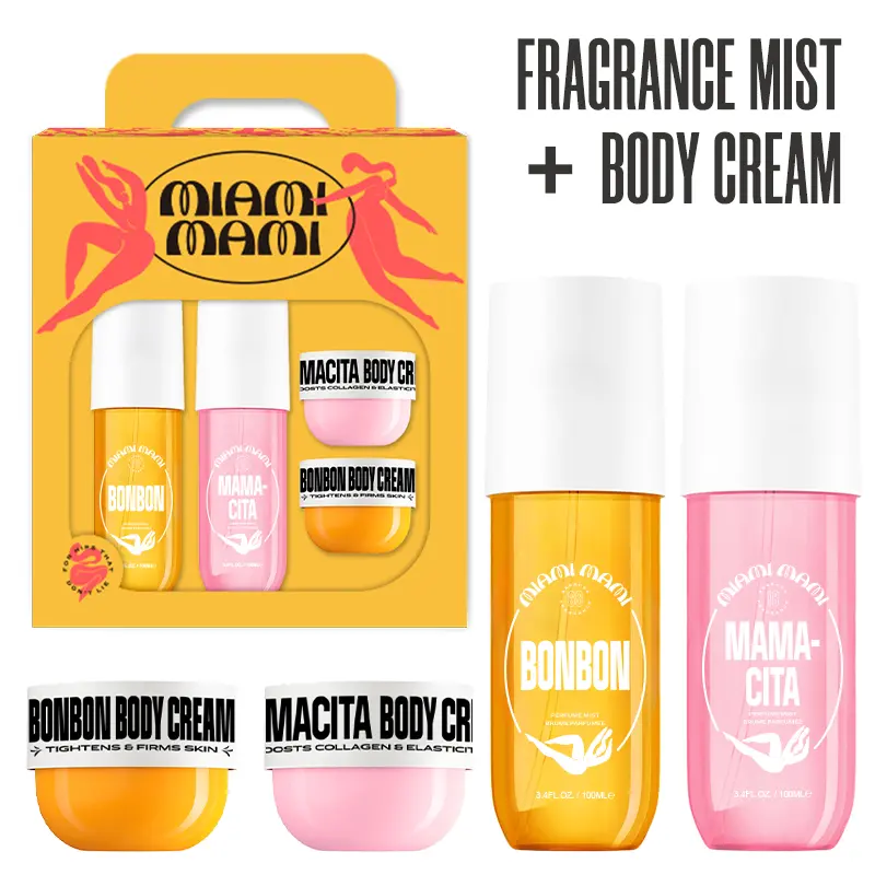 4-Piece Set, MIAMI MAMI Body&Hair Fragrance Mist &Body Cream Gift Box, 4 Different Scent, Long-lasting Perfume, Ideal For Dating, Daily Life, Parties, Gift Giving, 3.4 Fl Oz Perfume, 1.06 Fl Oz Body Cream
