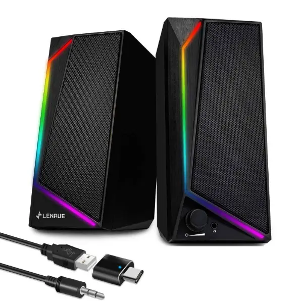 LENRUE Computer Speakers, USB/USB-C Powered PC Speakers with Loud Stereo Sound, Headphone-in for Desktop, iMac, MacBook, Laptop, Monitor (USB-C to USB Adapter Included)