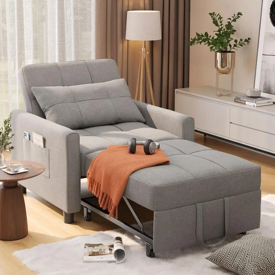 3-in-1 Adjustable Modern Recliner Sofa Bed - Foldable Chair, Pull-Out Bed, Adjustable Backrest, Sponge Linen Fabric, Oversized Armrests, Multi-Use Indoor Furniture Lounge for Living Room Small Spaces