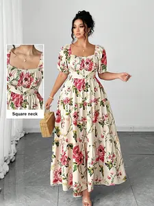Plus Size Women's Square Neck Bubble Sleeve Floral Cake Dress, Waist Cinch Slimming Tea Break Dress, Summer Vacation Long Dress