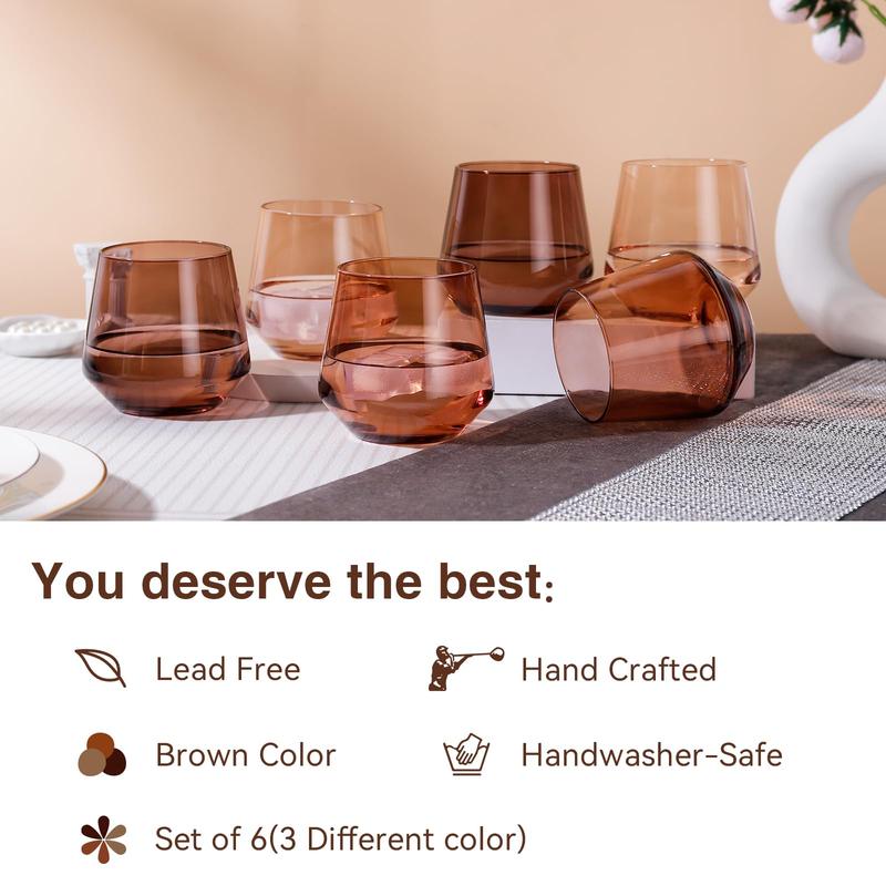 Venus Stemless Wine Glasses Set 6-14oz Amber Colored Wine Glasses Stemless, Brown Wine Glasses Set, otezla tumbler Drinkware Venus Stemless Wine Glasses Set 6-14oz Amber Colored Wine Glasses Stemless, Brown Wine Glasses Set, otezla tumbler Drinkware