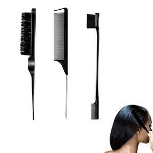 3 Pieces Hair Styling Comb Set Teasing Brush Rat Tail Comb Edge Brush for Edge&Back Brushing, Combing, Slicking Hair for Women (Black), Edge Expansion Brush