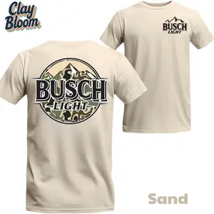 Camo Mountain Silhouette Graphic Shirt - Busch Light Inspired Beer Apparel - Double Sided Premium Cotton Shirt - Hunting & Fishing Apparel - Cool Gift for Beer Lovers - By Clay Bloom
