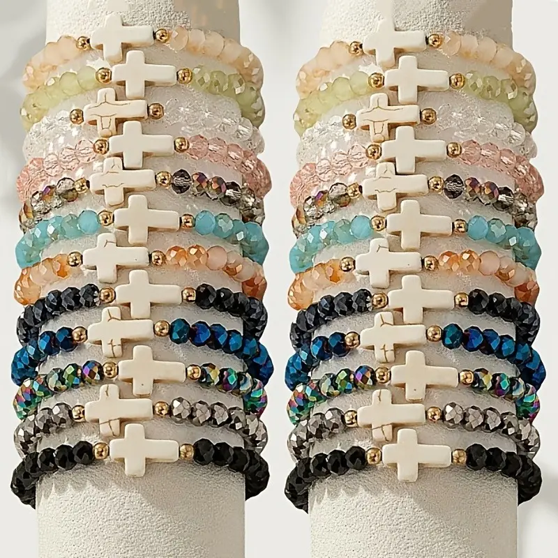 12pcs Mix Multicolor Resin Cross Elastic Bracelets - Stacking Pretty Rainbow Beaded Arm Candy, Youth Fashion Accessory for Teenagers, Daily Wear & Vacation Gift