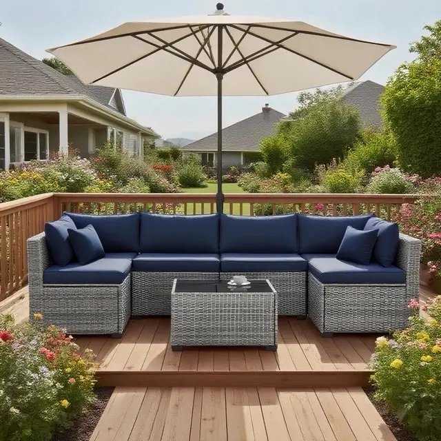 7 Piece Outdoor Rattan Sectional Sofa Patio Furniture Set Navy Blue