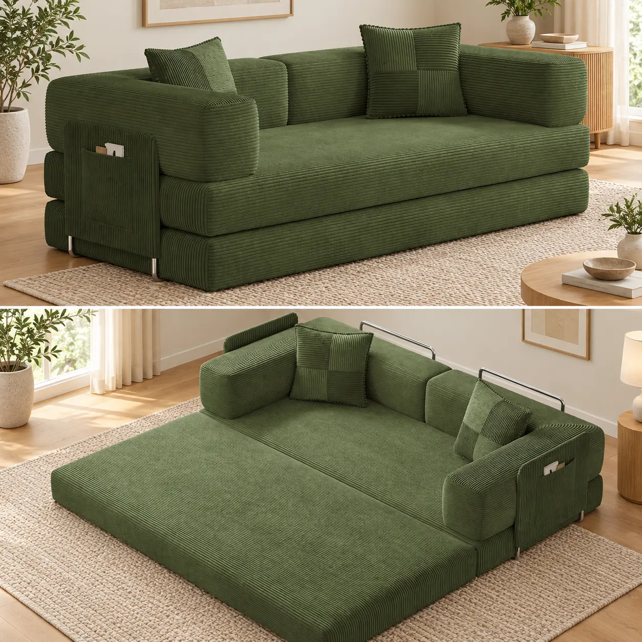 78.8" Corduroy Convertible Indoor Sofa Bed - No-Assembly Boneless Fold Out Couch with Storage Pocket, Futon Couch Loveseat for Living Room Decor, Dorm Essentials
