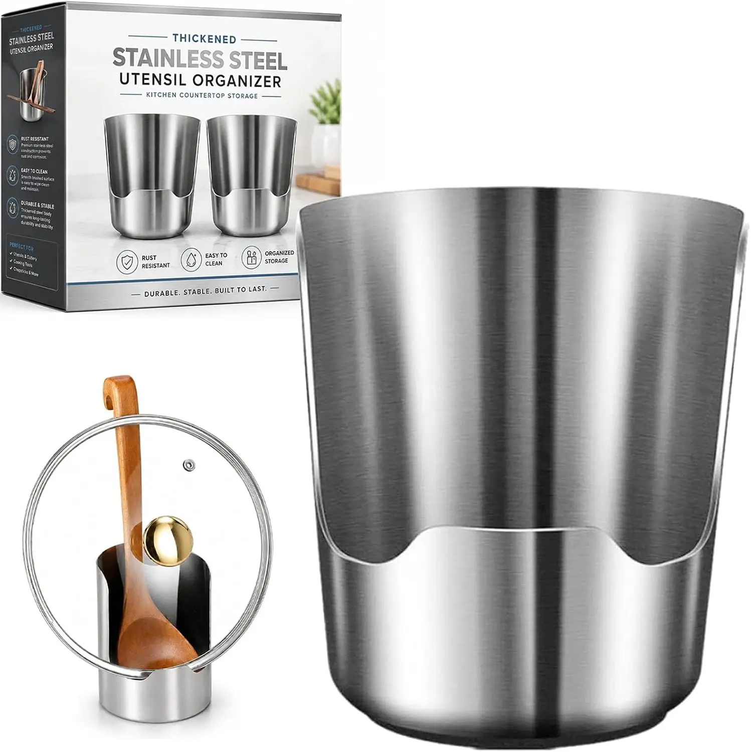 Halloween Fall Gift Stainless Steel Kitchen Utensil Holder - Thick, Rust-Resistant, Easy-Clean, Lid-Compatible Vertical Stand, 1pc Space-Saving Countertop Organizer for Spatulas, Tongs, Ladles
