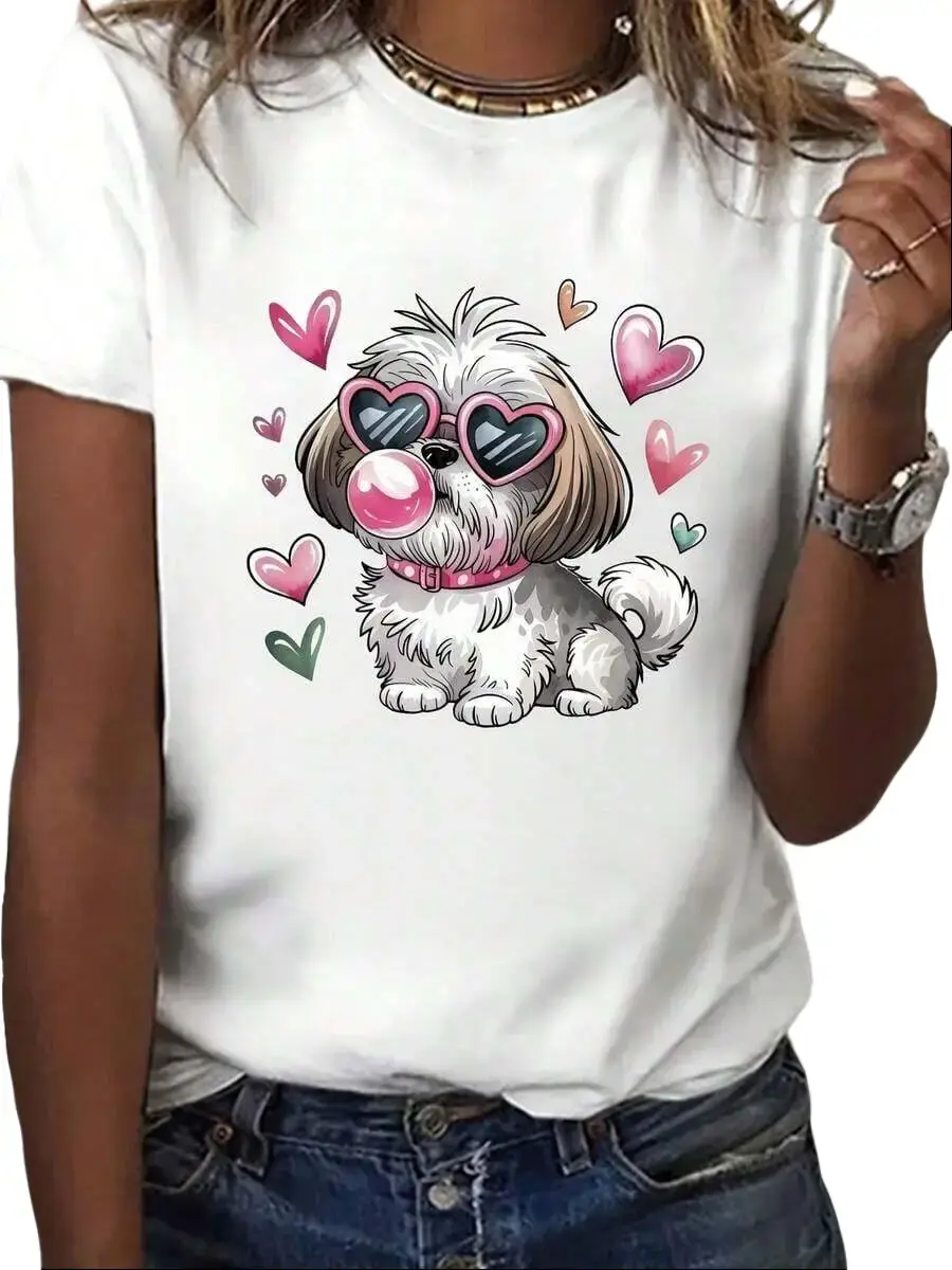 Womens Shih Tzu With Glasses Print T Shirt Short Sleeve Crew Neck Ca2026