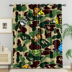 BAPE Classic Green Camo Baby Milo Cartoon Blackout Curtain Set 2 PCS, No-Drill Ring Design, Washable Polyester Fabric, Suitable for Bedroom Living Room Dormitory Insulation & Ultraviolet Rays, Multi-Functional Home Decor