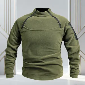 Double zipper men's fleece pullover thick winter tactical stand-up collar long sleeve solid color training base layer outdoor sports casual top