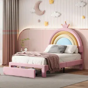 Twin/ Full Size Upholstered Rainbow Design Bed, Velvet Princess Platform Bed with Storage Drawer, No Box-spring Needed,Colorful&Pink Twin/ Full Size Upholstered Rainbow Design Bed, Velvet Princess Platform Bed with Storage Drawer, No Box-spring Needed,Colorful&Pink