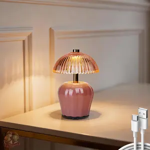 MJ PREMIER Rechargeable Table Lamp, Cordless Lamp with Timer, Mini Glass Mushroom Lampshade, Small Table Lamps, Decorative Led Light for Bedroom Living Room Shelf