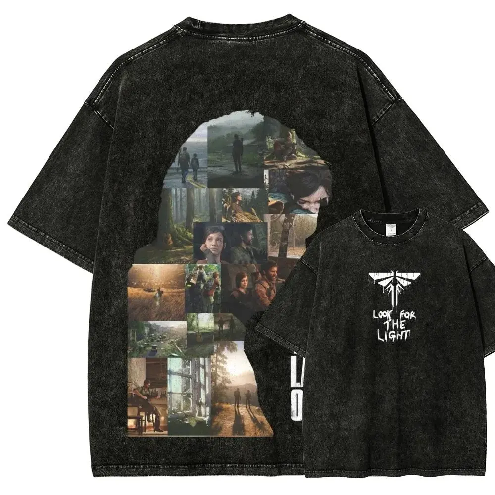 Men's Vintage Casual Cotton Shortsleeve Crew Neck T-Shirt - Unisex Premium Oversized Fitted Top, The Last of Us Ellie & Joel Collage Graphic, Post-Apocalyptic Game Retro Print, Distressed Black, S-3XL, All Seasons Wear Ideal for TLOU Fans