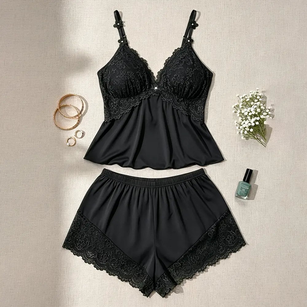AVTKV Lady's 2-Piece Lace Trim Lingerie Pajama Set - Cozy Soft Cami Top & Shorts, Casual Everyday Women's All-Season Sleepwear Loungewear, Style, Adjustable Fabric Womenswear, Basic Fit Black Minimalist Spaghetti Strap, Comfortable, Pajama Sets Women, Adj