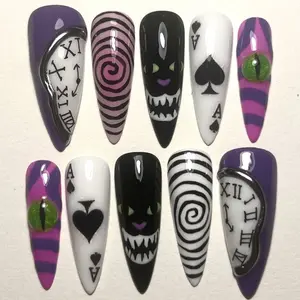 Cheshire Cat Wonderland Press On Nails | Wonderland Nail Art | Playing Card & Spiral Illusion Nails | Halloween Nails