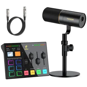 TONOR Podcast Equipment Bundle - XLR Dynamic Mic, USB Mixer with RGB Lighting, Gaming Audio Interface, Acrylic Components, Plug-and-Play Buttons for Computer, Headset Users (Streaming & Content Creation)