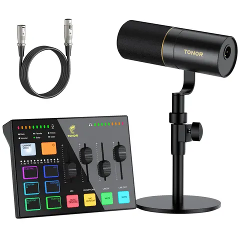 TONOR Podcast Equipment Bundle - XLR Dynamic Mic, USB Mixer with RGB Lighting, Gaming Audio Interface, Acrylic Components, Plug-and-Play Buttons, Custom Cable, Noise Reduction for Windows, PS5, PC & Laptop, USB Type-C Computer Devices (Streaming, Twitch),