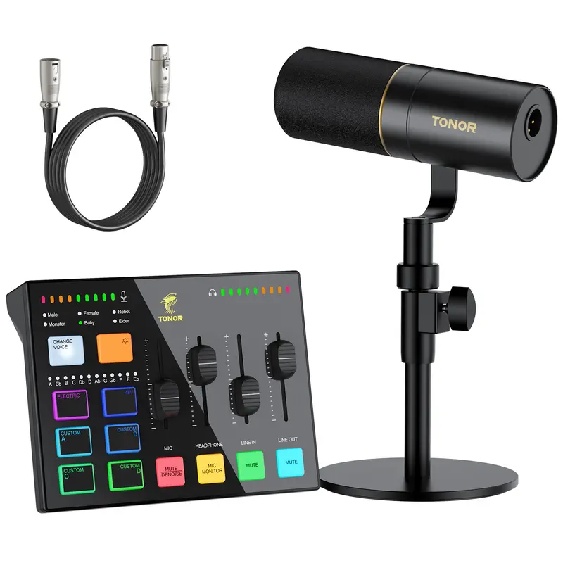 TONOR Podcast Equipment Bundle - XLR Dynamic Mic, USB Mixer with RGB Lighting, Gaming Audio Interface, Acrylic Components, Plug-and-Play Buttons, Custom Cable, Noise Reduction for Windows, PS5, PC & Laptop, USB Type-C Computer Devices (Streaming, Twitch),