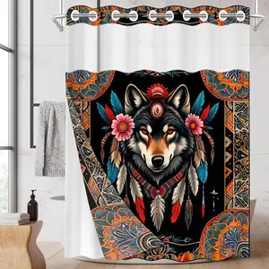 1pc hookless shower curtain with buckle lining, black background with colorful wolf head design, 2D flat printing, waterproof fabric lining, see-through double-layer shower curtain, 71 x 74 inches, modern home draping curtain.