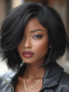 Short Yaki Straight Bob Wigs Synthetic Yaki Hair Side Part Short Cut Pixie BOB Wig Yaki Straight Wigs Yaki Kinky Hair 12 Inch Straight Wigs With Bangs Short Cut Bob Wigs For Women Yaki Hair Wig Daily Life Or Party Use Synthetic Material Wigs