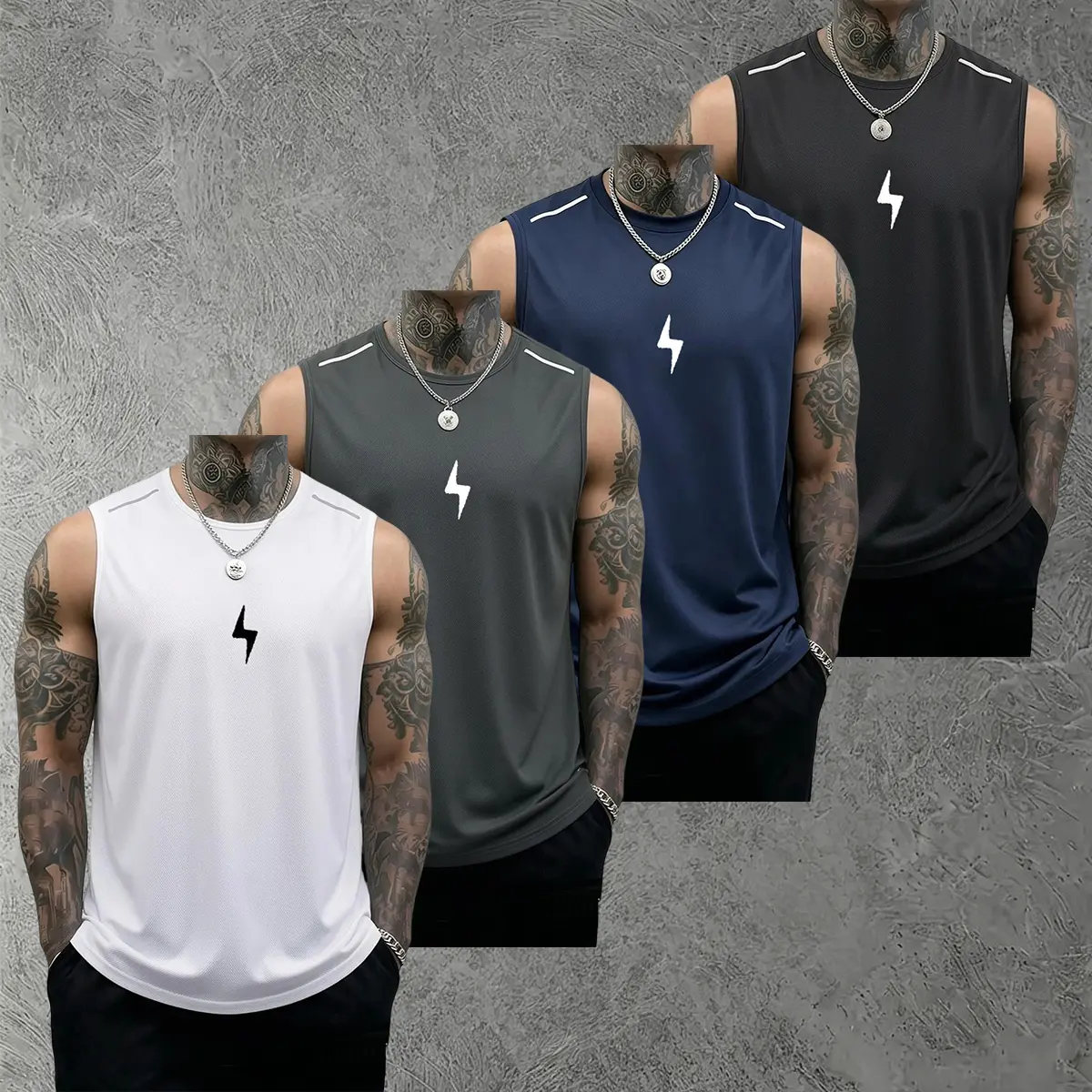 Male 4pcs Fashion Solid Color Polyester Muscle Tank Tops, Soft Fabric Sleeveless Shirts for Gym Workout & Fitness, Solid Colors, Sports, Military Green + Black + Red + Light Gray, Black + Dark Blue + Light Gray + Red