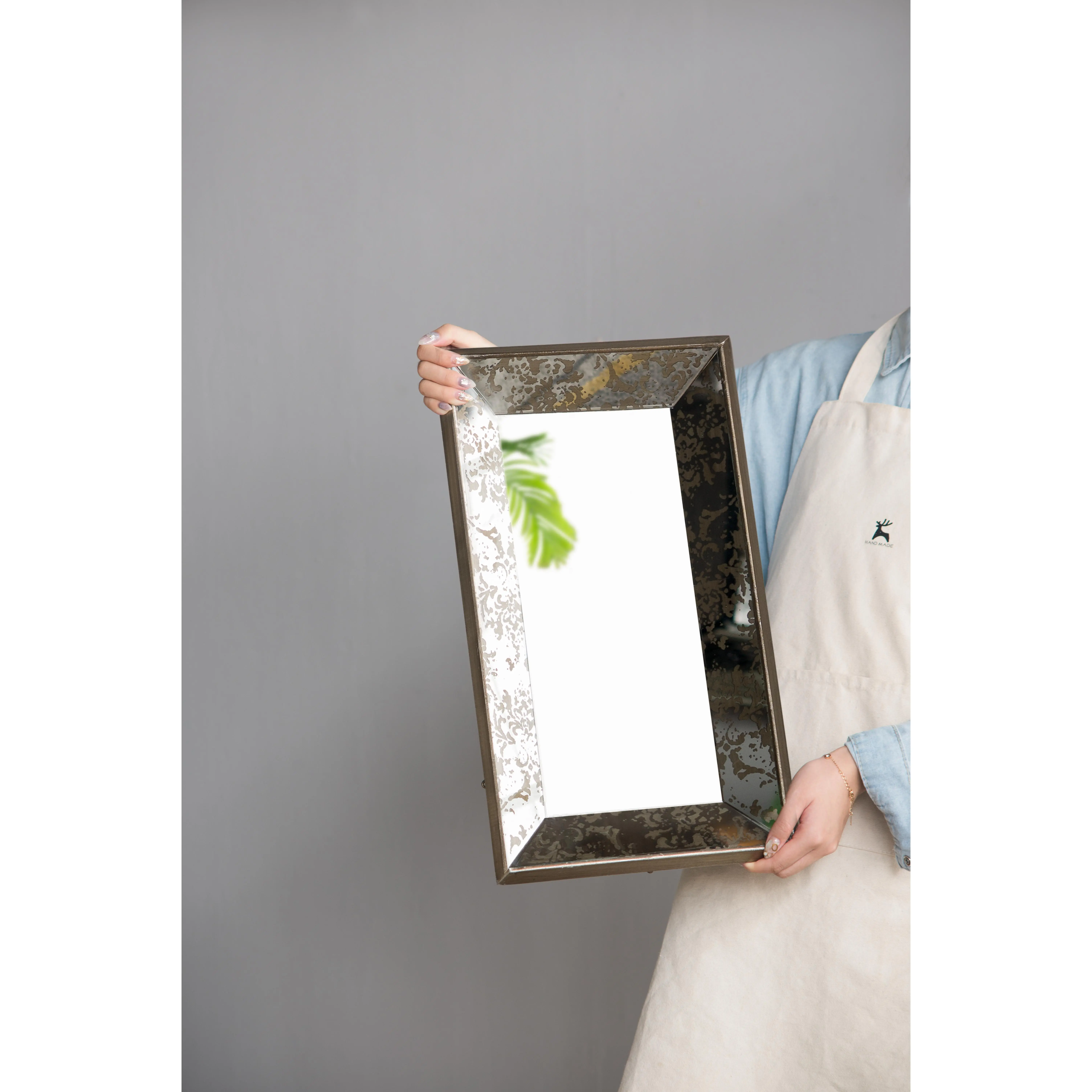 YYDS 24" x 15" Antique Silver Rectangle Mirror with Floral Accents, Mirrored Display Tray, Hanging Wall Mirror