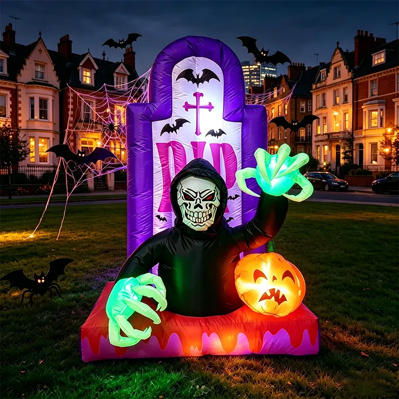 5Ft TikTok Viral Inflatable Hooded Skeleton Monument Sign Ornament - Glowing Claw, Harvest Ball, Soft Luminous Inner Light, All-Weather Collapsible Outdoor Holiday Decor for Home Grass Back Garden Fall Events