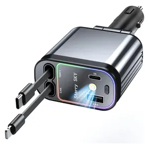 66W Fast Charging 4 in 1 Retractable Car Charger with Starlight LED and 80cm Cable for iPhone Android Phones Multifunctional Charger Multi Functional USB Car Adapter Portable Auto Charger