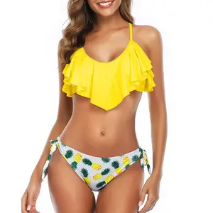 Tempt Me Two Piece Flounce Bikini Side Tie Bottom Padded Ruffled Top Swimsuit for Women Sexy Triangle Bathing Suit