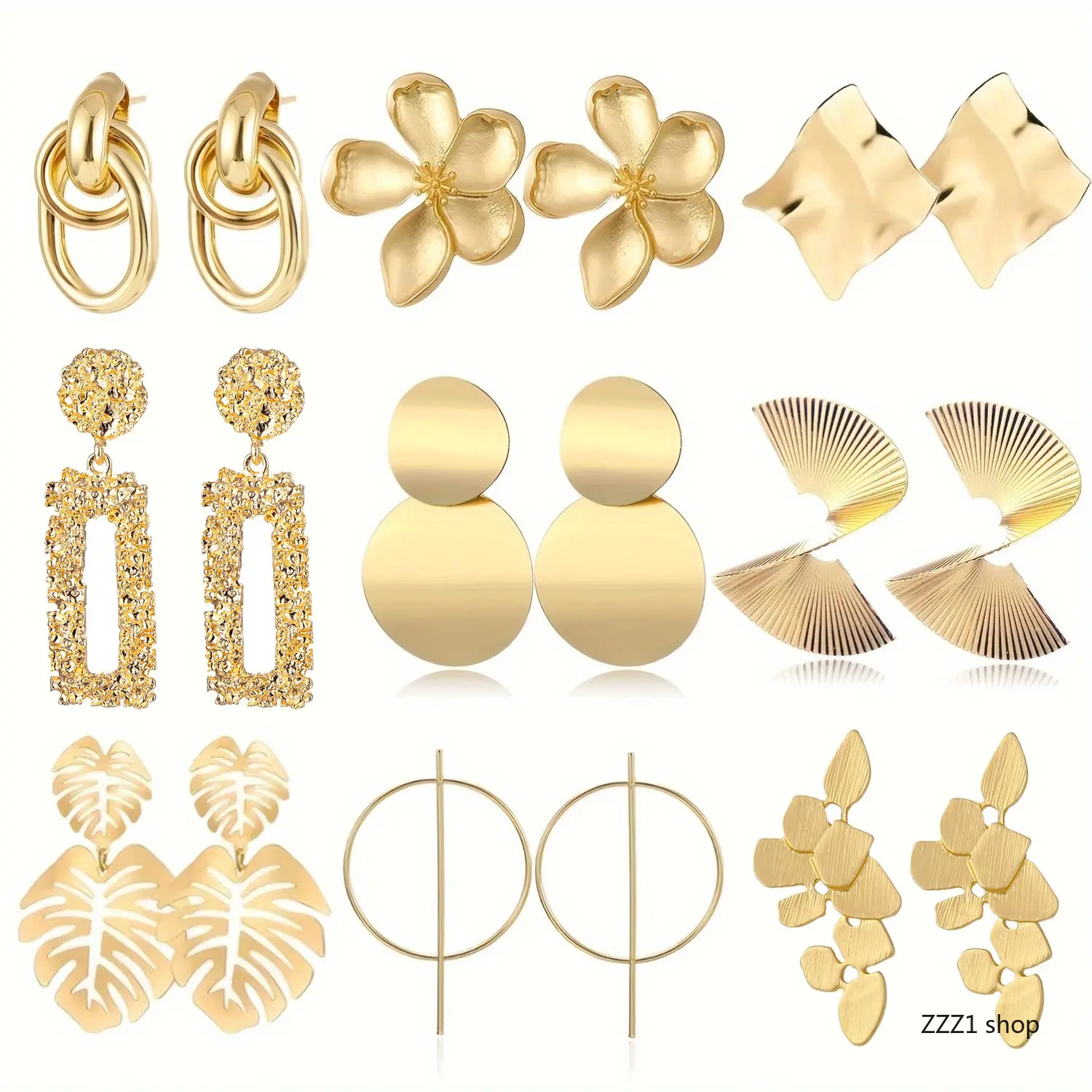 9-Pair Gold Matte Earrings Set for Women, Chunky Statement Dangle Earrings with Floral, Leaf & Geometric Textured Designs for Gifting, Chunky Statement Earrings