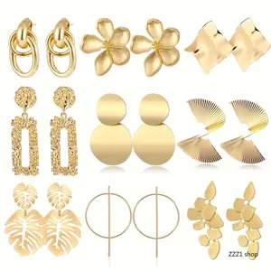 Women's 9-Pair Gold Matte Earrings Set, Trendy Chunky Flower Leaf Geometric Textured Dangle Drop Jewelry, Office-Party Wear Gift (Sports & Outdoor Accessories Compatibility Note)